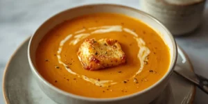 Creamy Pumpkin Tomato Soup with Golden Grilled Cheese Croutons