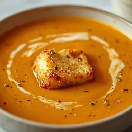 creamy pumpkin tomato soup with grilled cheese croutons recipe