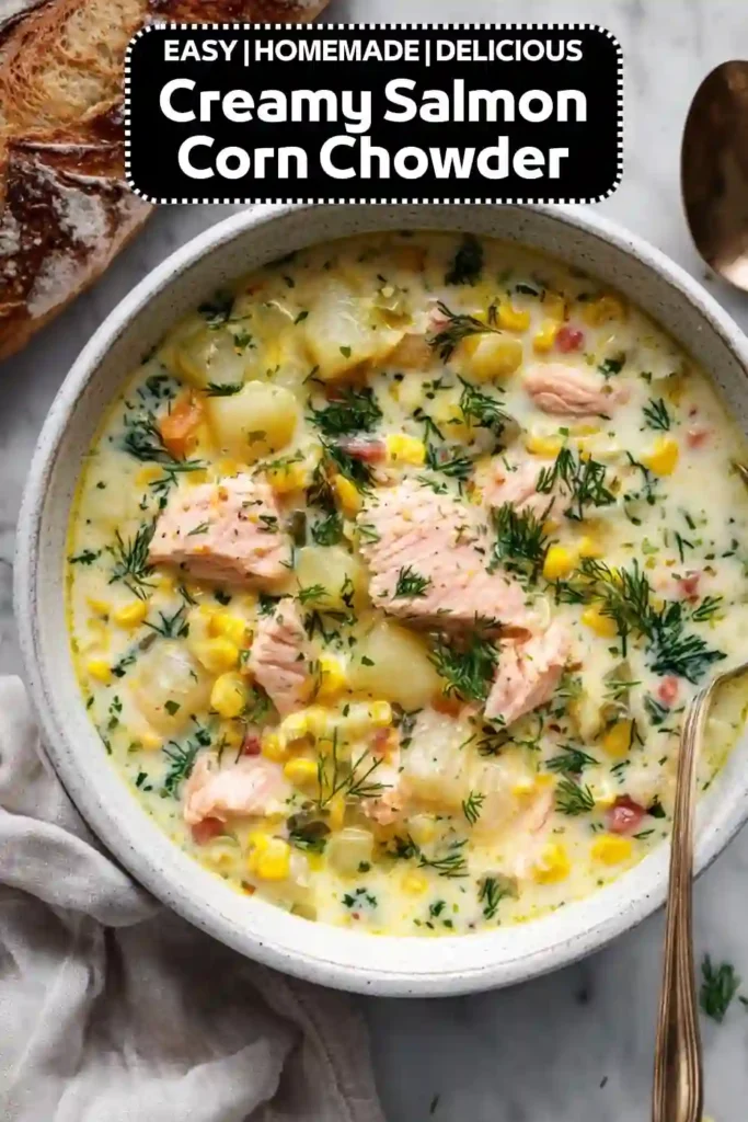 Creamy salmon corn chowder with tender salmon, sweet corn, potatoes, fresh dill, and herbs served in a rustic bowl.