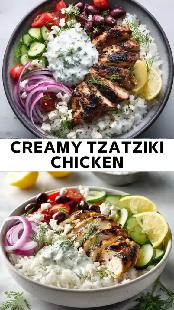 A Mediterranean chicken bowl with grilled chicken, fluffy white rice, creamy tzatziki sauce, cucumber, tomatoes, red onion, feta cheese, Kalamata olives, fresh dill, and lemon wedges.