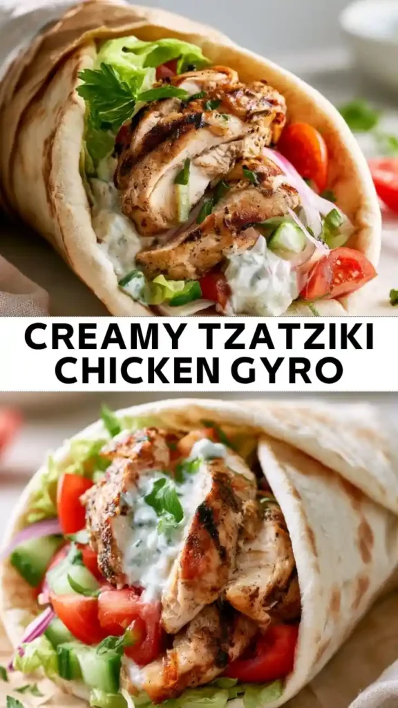 A grilled chicken gyro wrapped in warm pita bread with creamy tzatziki sauce, lettuce, cucumber, tomatoes, red onion, and fresh parsley.