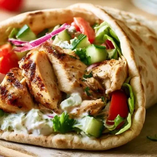 Grilled chicken gyro wrapped in warm pita bread with creamy tzatziki sauce, crisp lettuce, cucumber, tomatoes, red onion, and fresh parsley on a wooden board.
