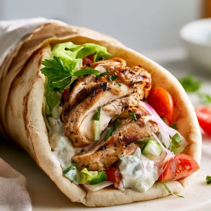 A grilled chicken gyro filled with creamy tzatziki sauce, crisp lettuce, cucumber, tomatoes, red onion, and fresh parsley, wrapped in warm pita bread.