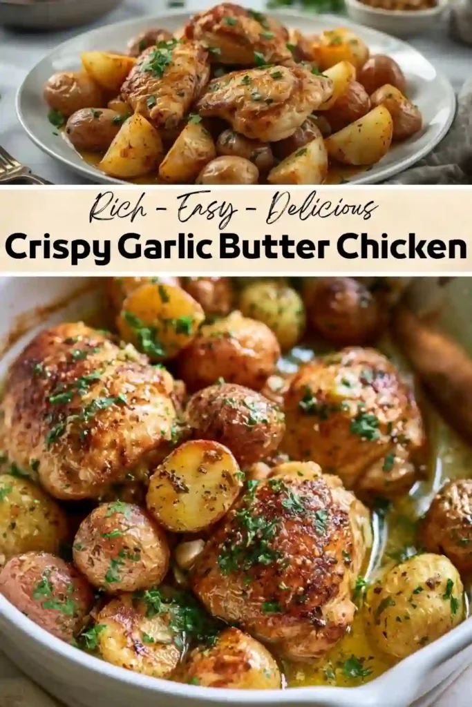 Crispy garlic butter chicken thighs roasted with baby potatoes and fresh parsley in a buttery garlic sauce.