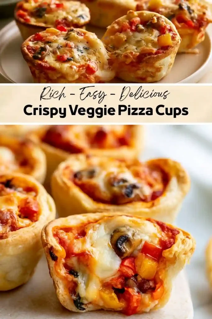 Crispy veggie pizza cups filled with melted cheese, tomato sauce, mushrooms, and colorful bell peppers.