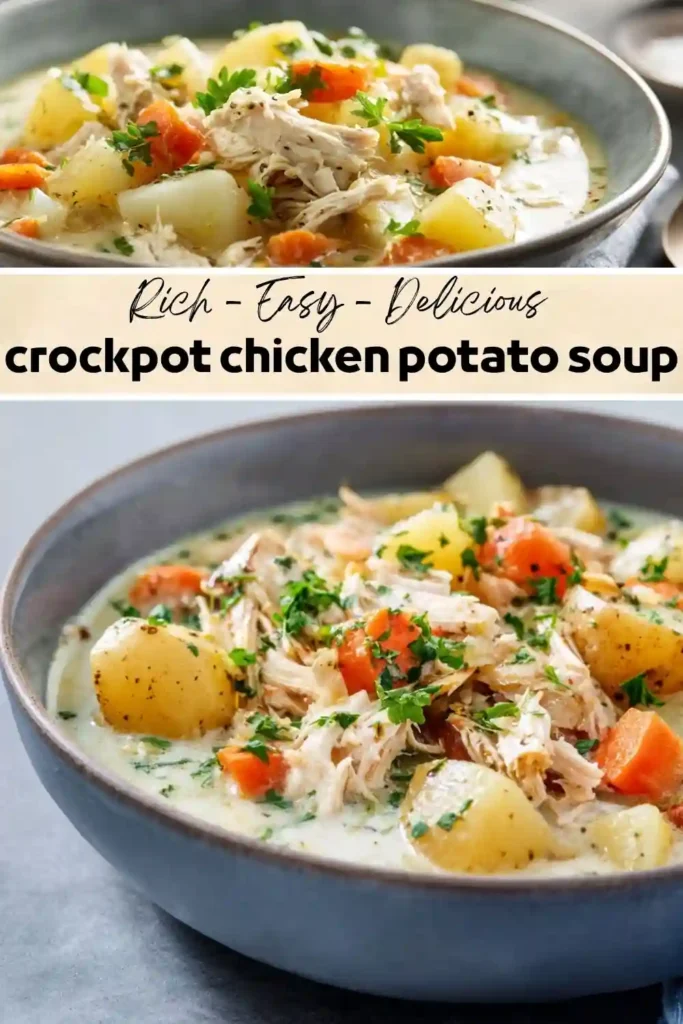 Creamy crockpot chicken potato soup with shredded chicken, tender potatoes, carrots, and fresh parsley in a gray bowl.