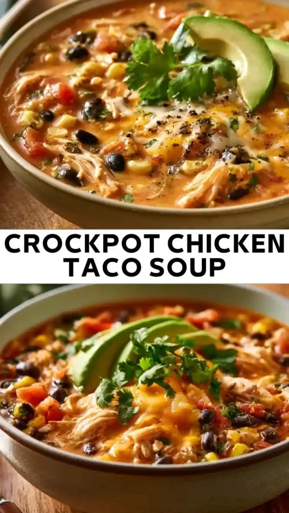 Bowl of crockpot chicken taco soup with shredded chicken, black beans, corn, melted cheese, avocado slices, and fresh cilantro.