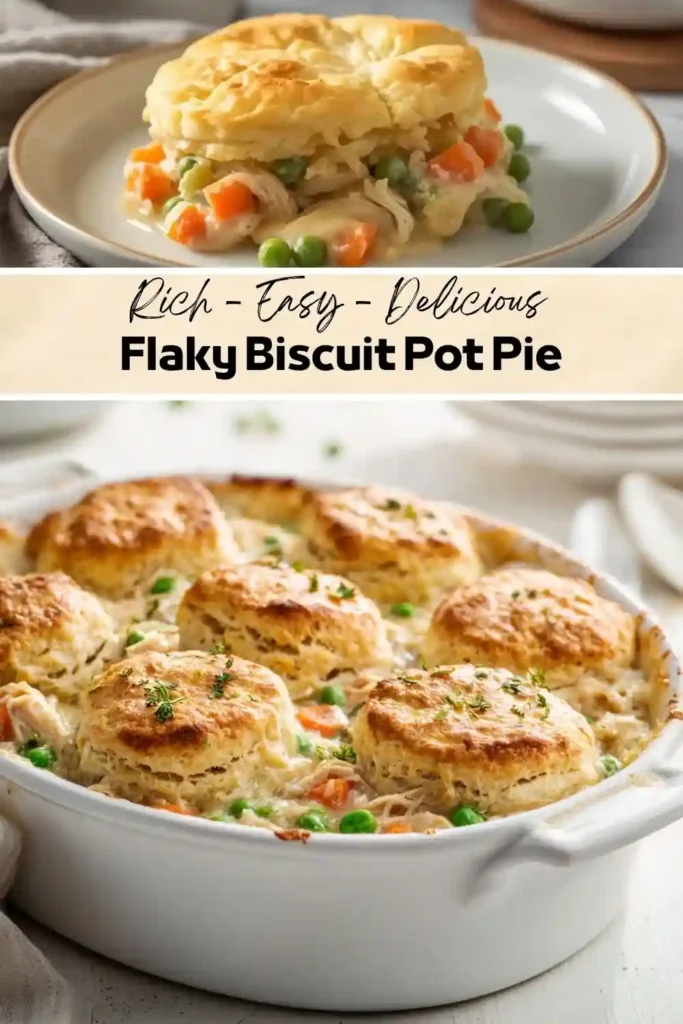 Flaky Biscuit Pot Pie Collage featuring a flaky biscuit chicken pot pie with creamy chicken, peas, and carrots, labeled "Flaky Biscuit Pot Pie."