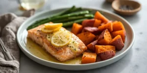 Golden Garlic Butter Salmon and Sweet Potato Sheet Pan
