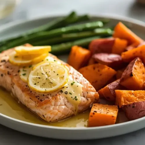 garlic butter salmon and sweet potato sheet pan recipe