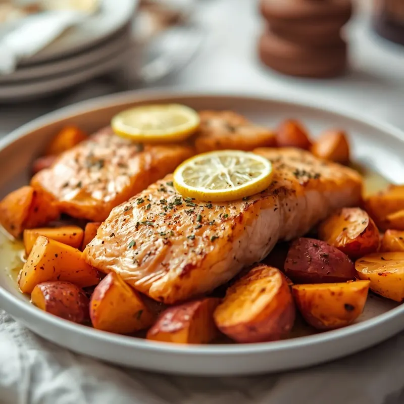 Golden Garlic Butter Salmon and Sweet Potato Sheet Pan Golden Garlic Butter Salmon and Sweet Potato Sheet Pan