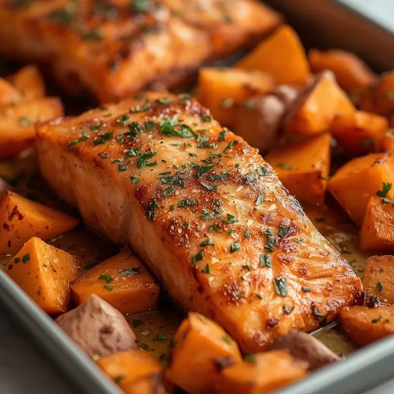Golden Garlic Butter Salmon and Sweet Potato Sheet Pan Golden Garlic Butter Salmon and Sweet Potato Sheet Pan