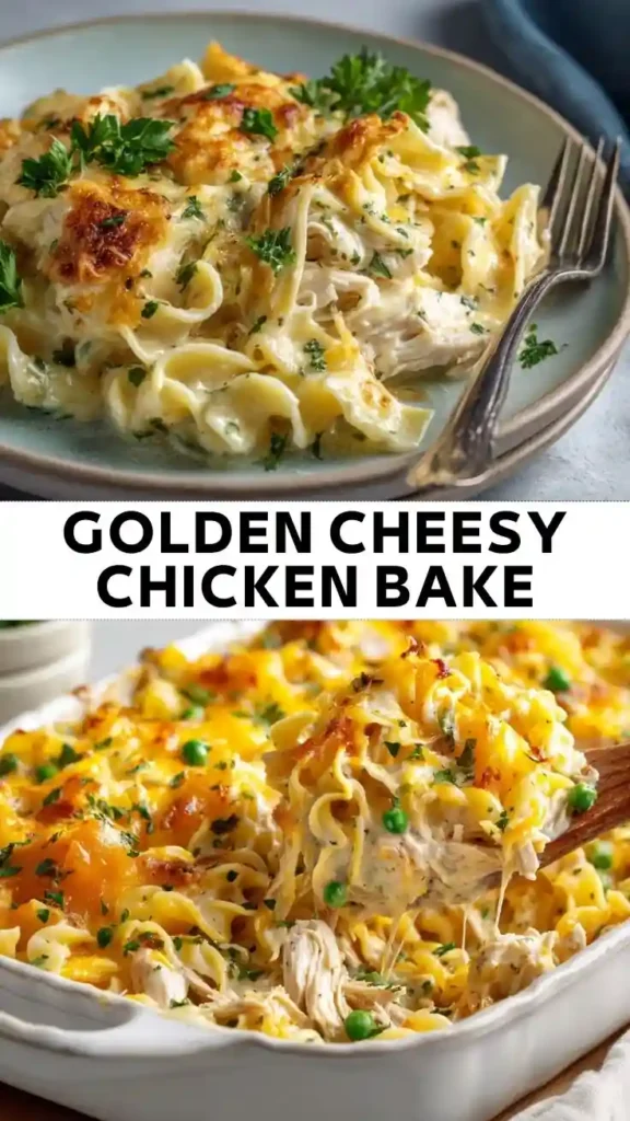 Golden Cheesy Chicken Bake Creamy cheesy chicken noodle casserole topped with melted golden cheese and parsley, served on a plate.