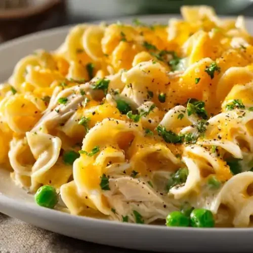 Creamy cheesy chicken and egg noodles with peas, shredded chicken, and melted cheddar cheese on a white plate.
