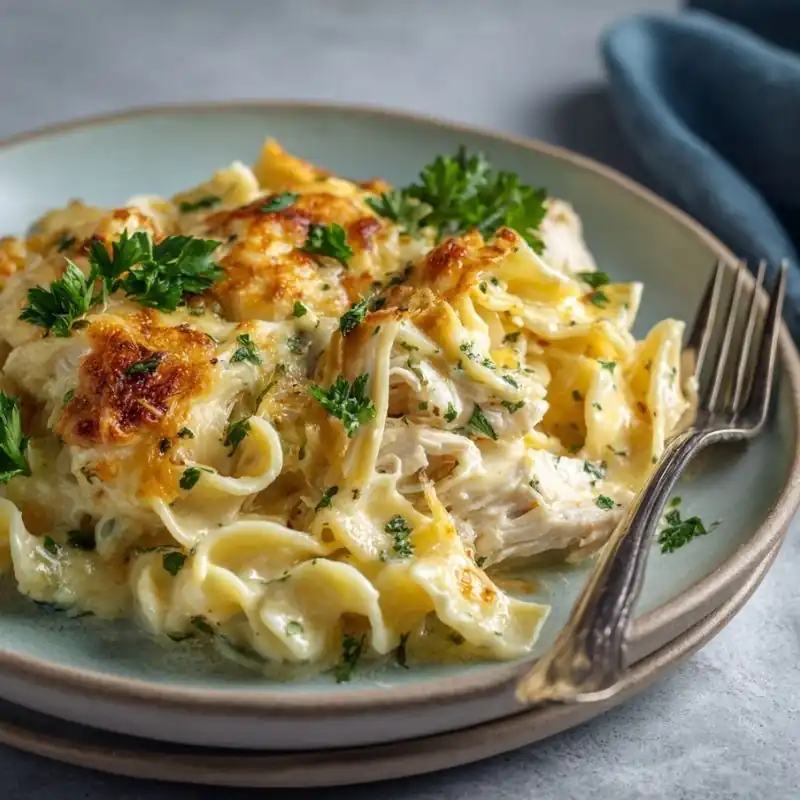 Golden Cheesy Chicken Bake A serving of cheesy chicken noodle casserole with shredded chicken, creamy sauce, browned melted cheese, and parsley on a ceramic plate beside a fork.