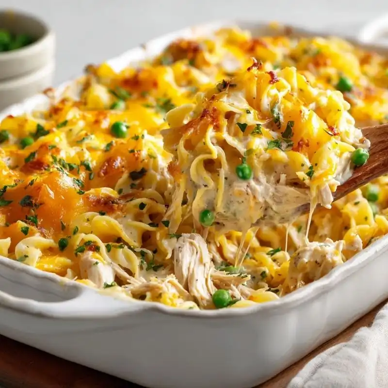 Golden Cheesy Chicken Bake Cheesy chicken noodle casserole with shredded chicken, egg noodles, peas, and melted cheddar being served from a white baking dish.