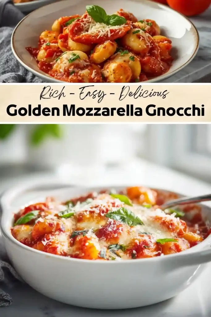 A baked mozzarella gnocchi dish in rich tomato sauce, topped with melted cheese, grated Parmesan, and fresh basil in a white baking dish.
