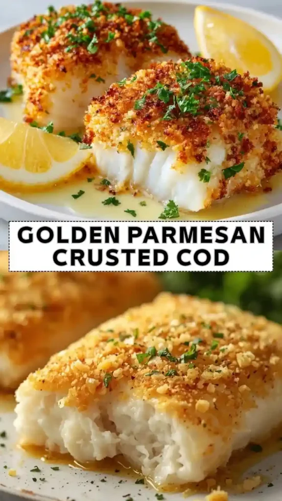 Golden Parmesan crusted cod fillets baked until crispy and served with lemon wedges and fresh parsley.