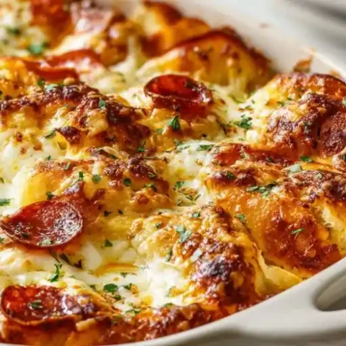Hero image of golden pepperoni garlic knot pizza bake with melted mozzarella, pepperoni slices, and fresh parsley.