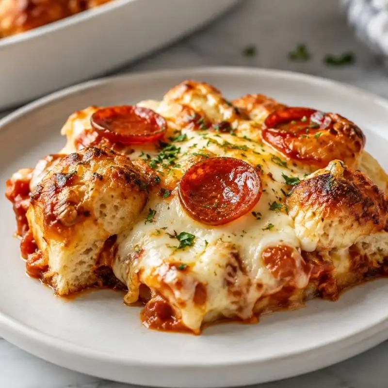 Golden Pepperoni Garlic Knot Pizza Bake Golden pepperoni garlic knot pizza bake topped with melted mozzarella, pepperoni slices, marinara sauce, and parsley.