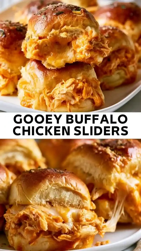 Gooey buffalo chicken sliders with shredded chicken, melted mozzarella cheese, and toasted slider buns fresh from the oven.