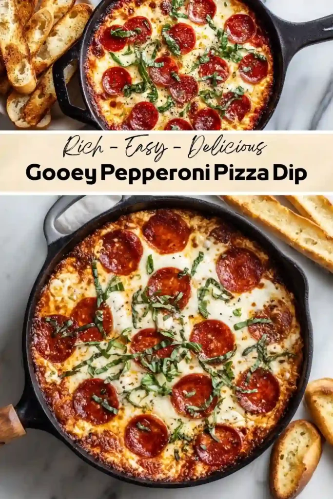 Gooey Pepperoni Pizza Dip Gooey pepperoni pizza dip baked with melted mozzarella, pepperoni slices, fresh basil, and served with toasted bread.