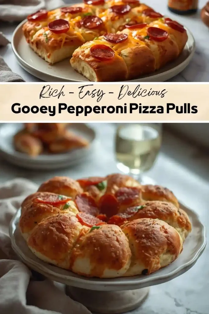 Gooey Pepperoni Pizza Pulls Gooey pepperoni pizza pulls with melted cheese, pepperoni, and golden baked bread.