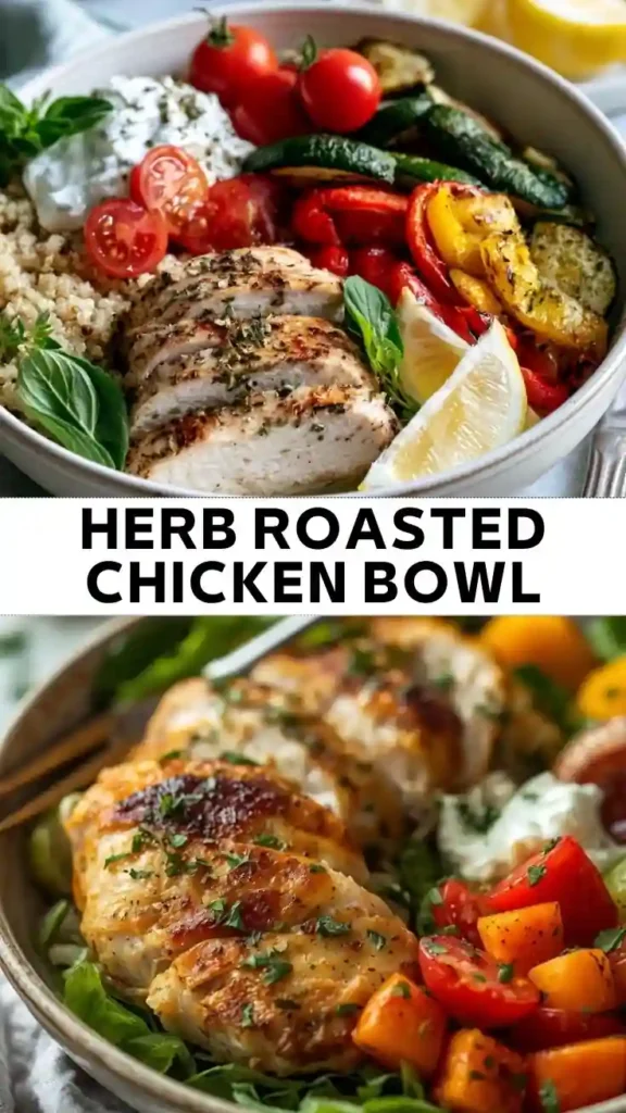 Herb Roasted Chicken Bowl A herb roasted chicken bowl with sliced grilled chicken, quinoa, roasted zucchini, bell peppers, cherry tomatoes, creamy herb sauce, fresh basil, and a lemon wedge.