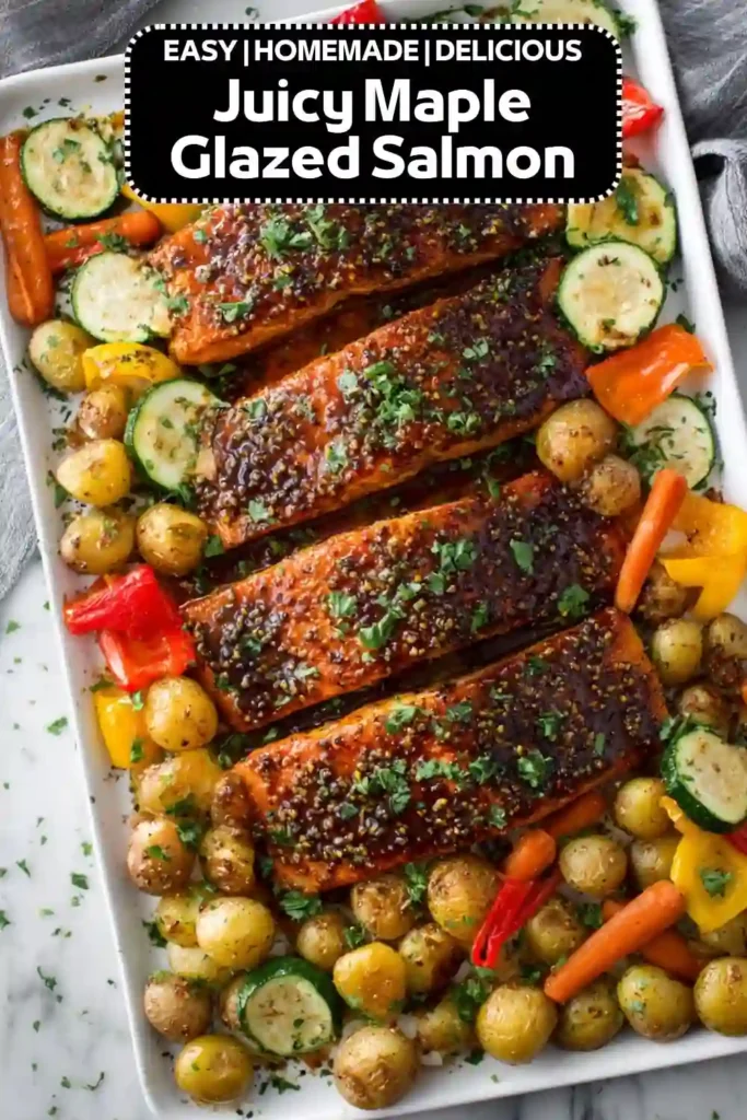 Juicy maple glazed salmon fillets roasted with baby potatoes, zucchini, carrots, and bell peppers on a sheet pan.