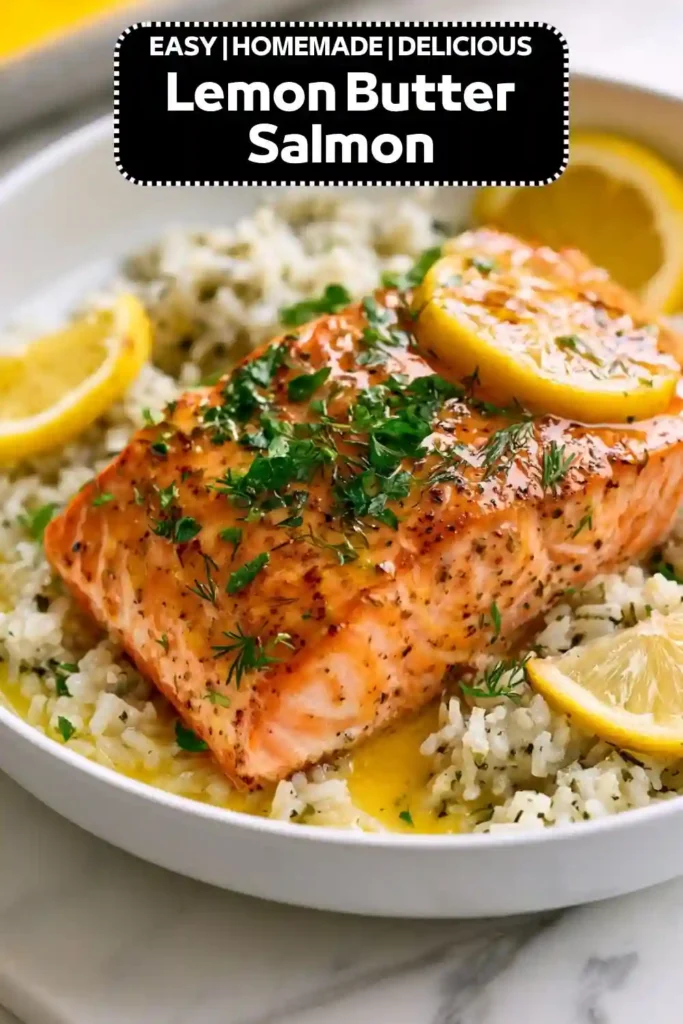 Lemon Butter Salmon Pan-seared lemon butter salmon served over herbed rice with fresh lemon wedges and parsley.
