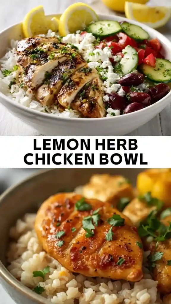 A lemon herb chicken bowl with grilled chicken, fluffy white rice, cucumber, tomatoes, feta cheese, Kalamata olives, and fresh herbs, served with lemon wedges.