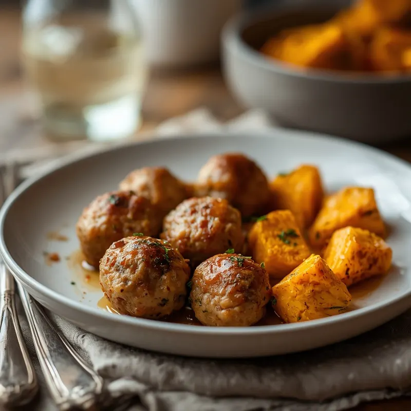 Golden Maple Garlic Chicken Meatballs with Roasted Squash Golden Maple Garlic Chicken Meatballs with Roasted Squash