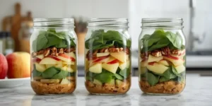 Colorful Meal Prep Apple Pecan Spinach Salad Jars