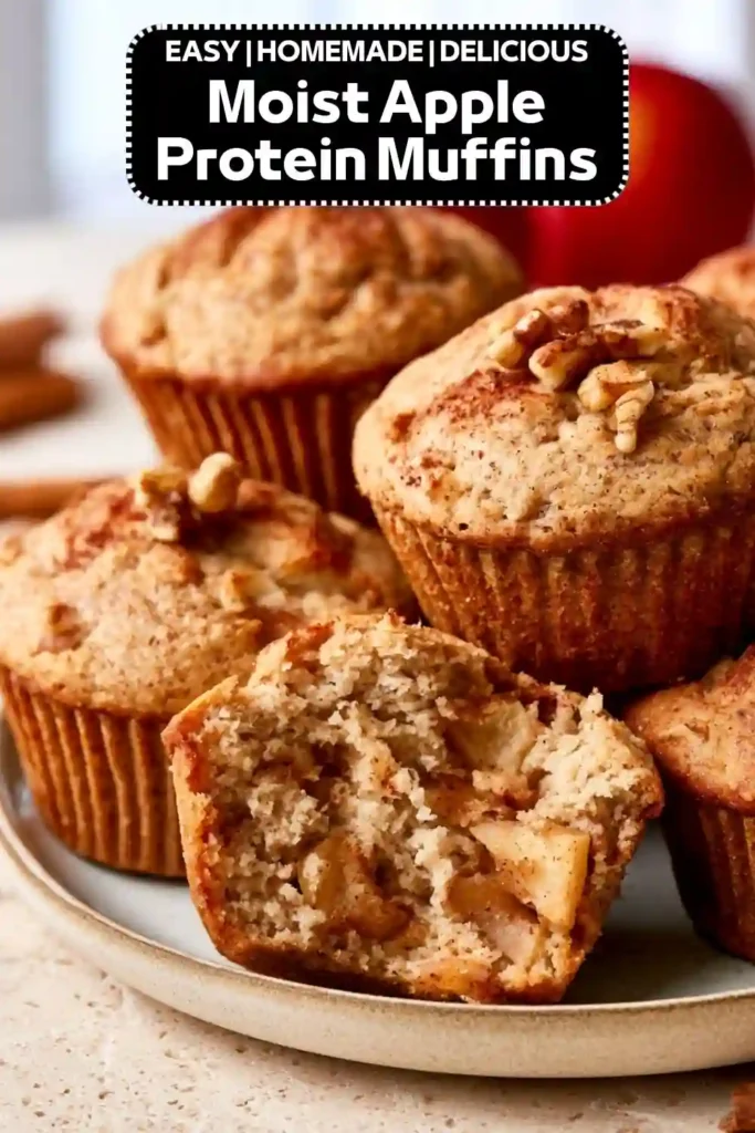 Moist apple protein muffins with cinnamon, chopped apples, and walnuts on a plate.