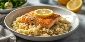 Golden One Pan Lemon Butter Salmon Rice Bake
