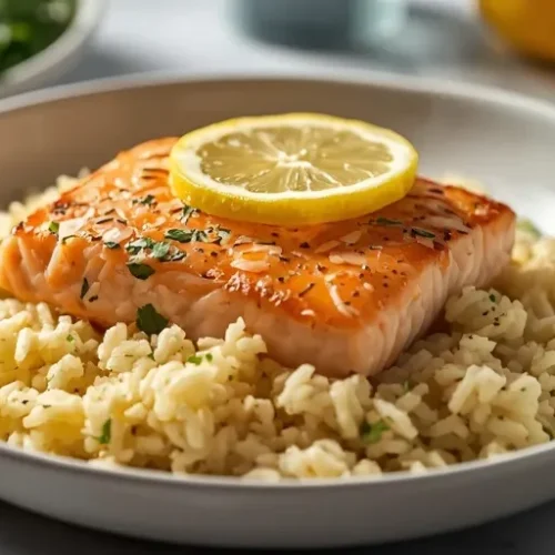 one pan lemon butter salmon rice bake recipe