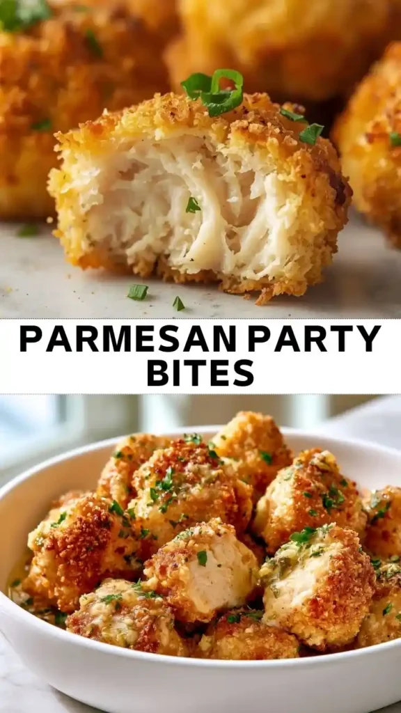 Parmesan Party Bites Golden, crispy Parmesan-coated chicken bites garnished with chopped herbs in a white serving bowl.