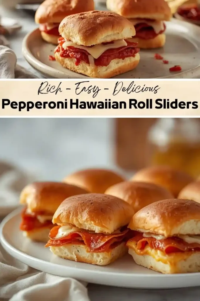 Pepperoni Hawaiian Roll Sliders Pepperoni Hawaiian roll sliders with melted mozzarella cheese served on toasted sweet rolls for an easy party appetizer.