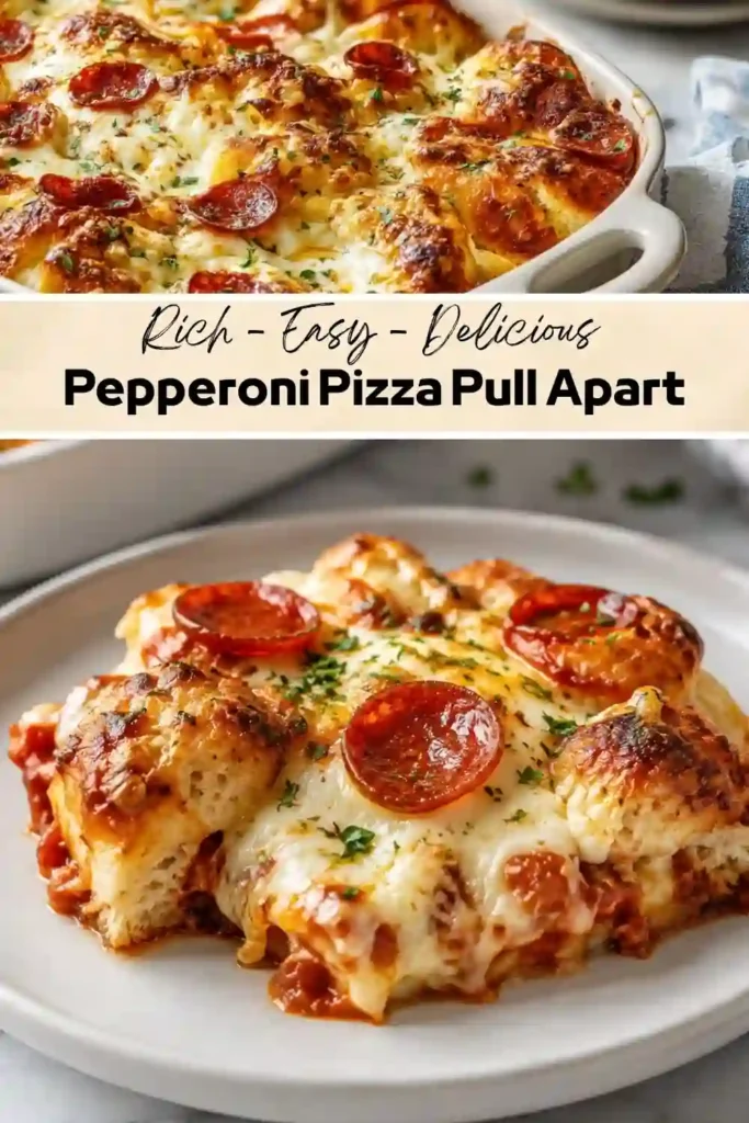 Pepperoni Pizza Pull Apart Cheesy pepperoni pizza pull apart bread baked with mozzarella, pepperoni slices, marinara sauce, and fresh parsley.