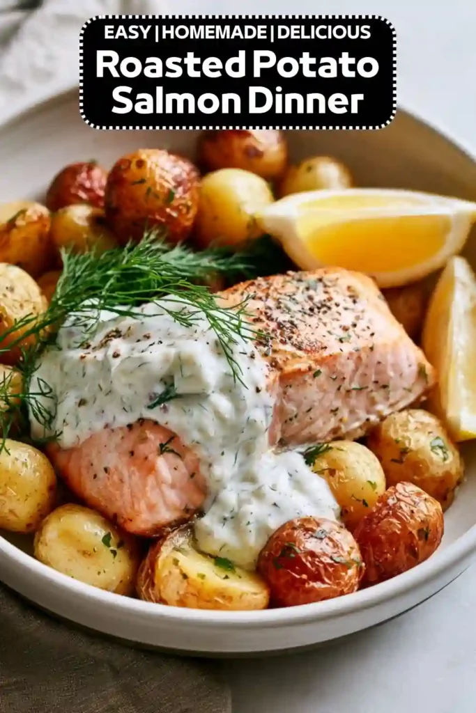 Roasted Potato Salmon Dinner Roasted salmon fillet served with crispy baby potatoes, creamy dill sauce, fresh dill, and lemon wedges in a dinner bowl.