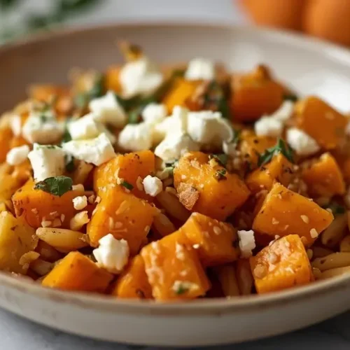 roasted pumpkin feta orzo bake recipe
