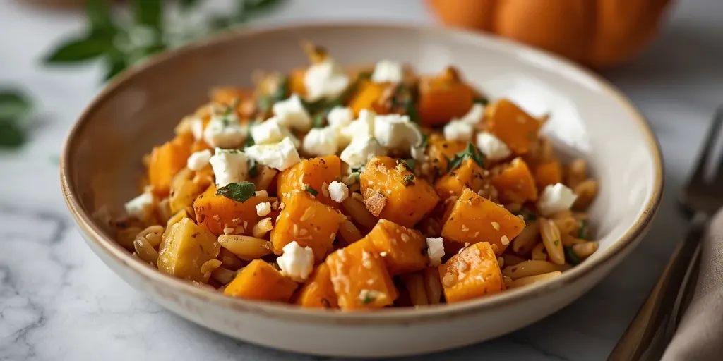 roasted pumpkin feta orzo bake recipe