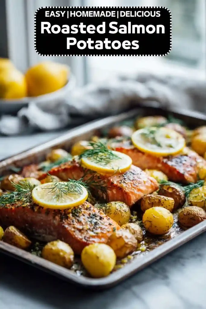 Roasted Salmon Potatoes Sheet pan roasted salmon fillets with baby potatoes, lemon slices, and fresh dill, labeled "Roasted Salmon Potatoes."