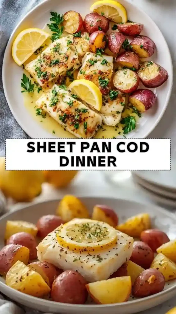 Sheet pan cod dinner with tender baked cod, roasted baby potatoes, fresh parsley, and lemon wedges.