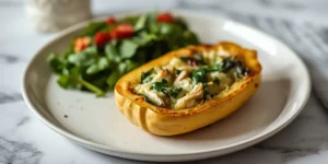 Creamy Spinach Artichoke Chicken Stuffed Delicata Squash
