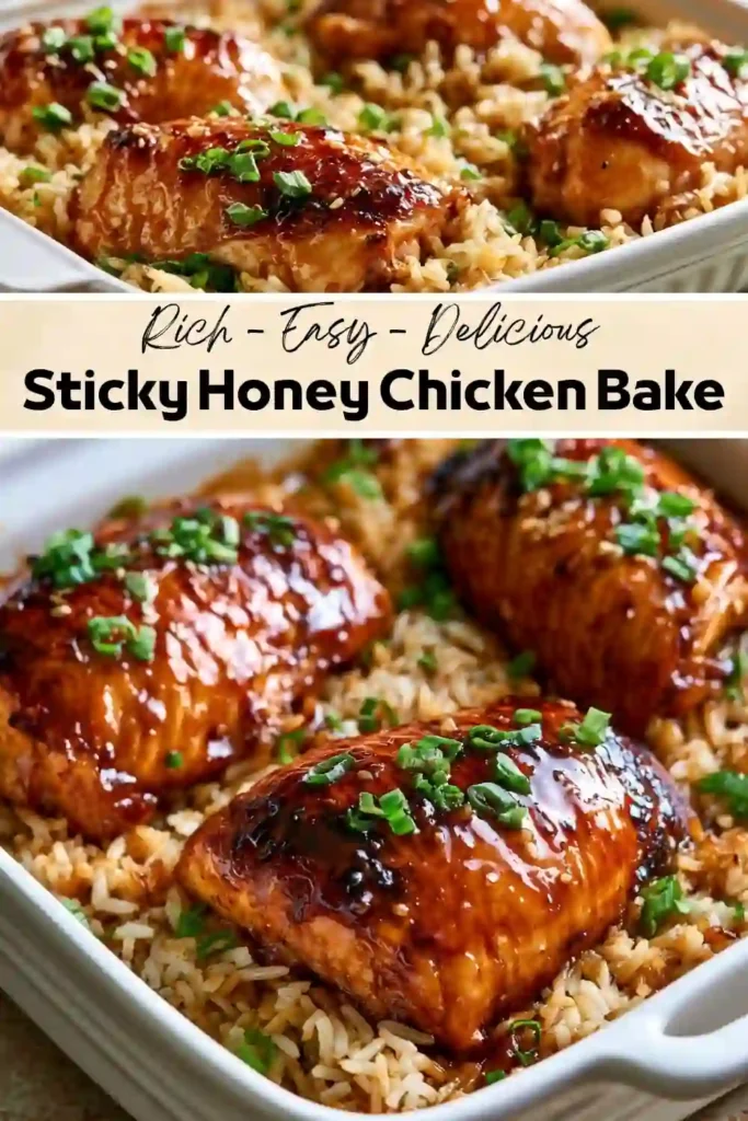 Sticky honey glazed chicken baked over seasoned rice in a casserole dish and garnished with chopped green onions.