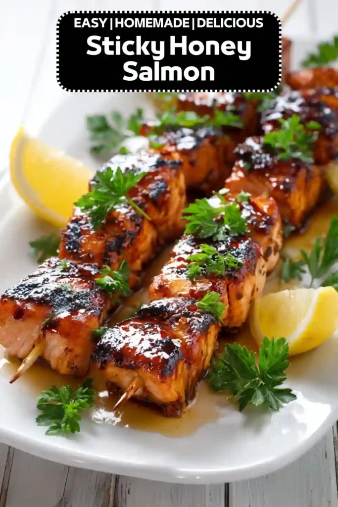Honey-glazed salmon skewers garnished with fresh parsley and served with lemon wedges on a white platter, labeled  Sticky Honey Salmon.