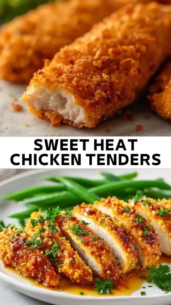 Crispy sweet heat chicken tenders sliced and drizzled with a sticky sweet and spicy glaze, served with fresh green beans and parsley.