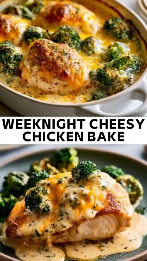 Weeknight Cheesy Chicken Bake Creamy weeknight cheesy chicken bake with broccoli topped with melted cheddar cheese, baked until golden and served with a rich cheese sauce.