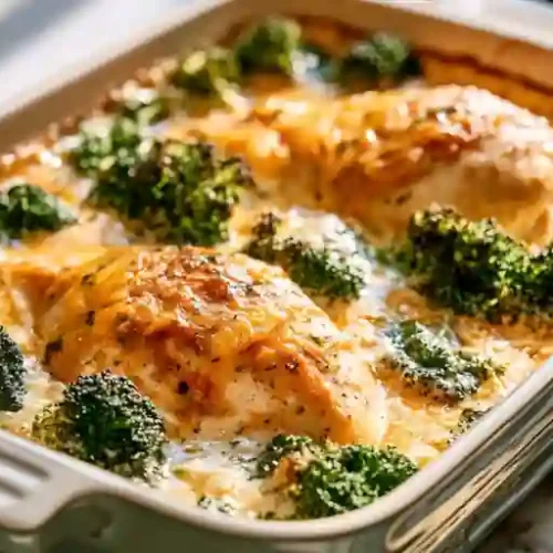 Golden baked cheesy chicken breasts with broccoli in a creamy cheese sauce served in a casserole dish for an easy weeknight dinner.